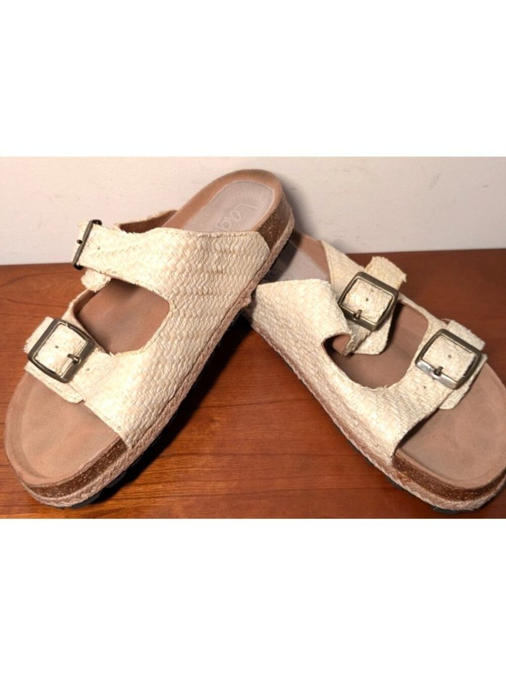 Lagoa Ivory Raffia Double Strap Buckle Slip On Sandal, EU 38